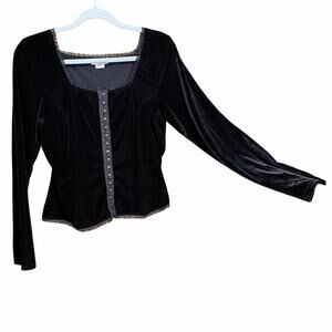 Monroe & Main black velvet bustier style long sleeve top hook eye front USA L